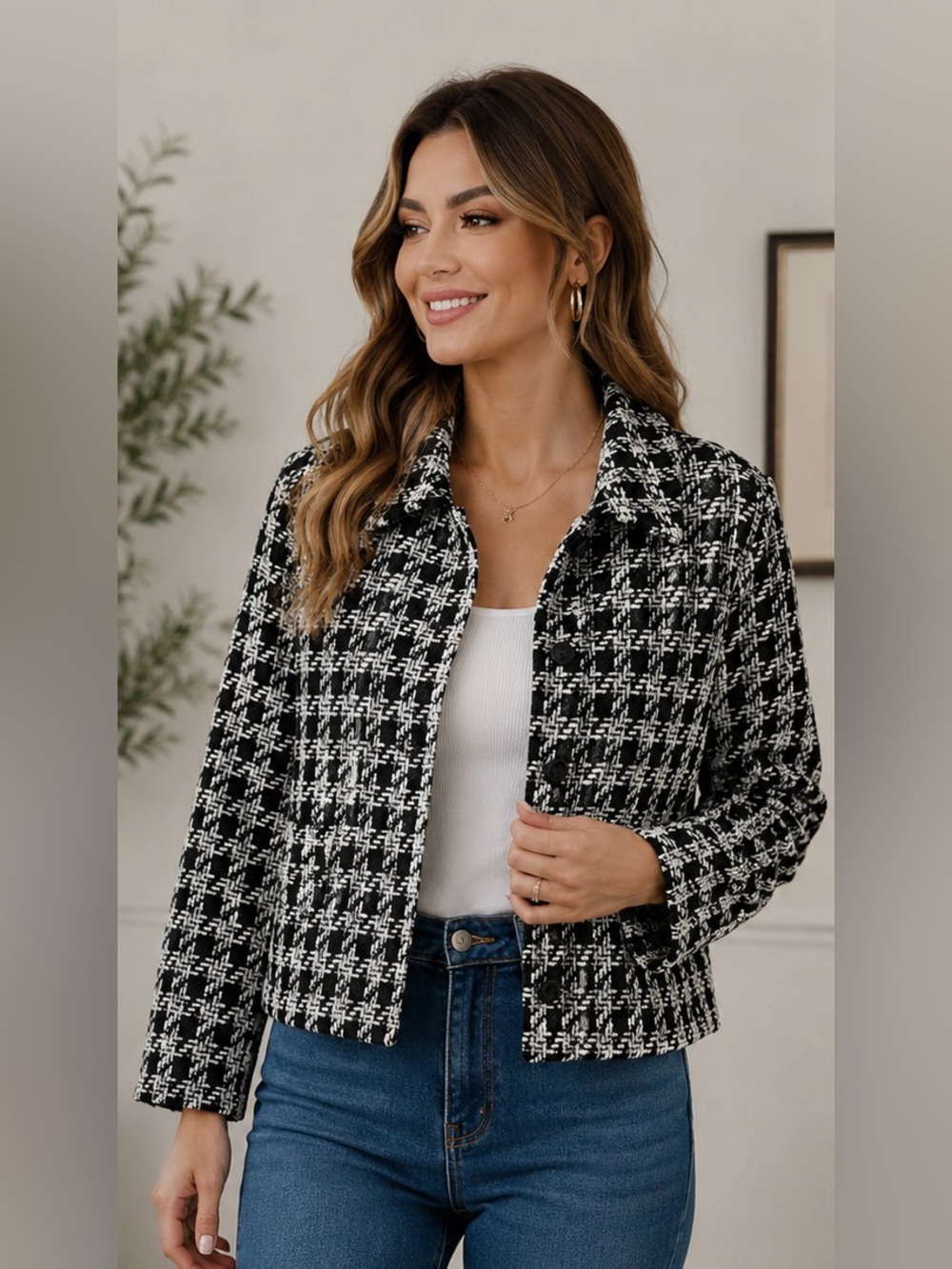 H&M Black and White Tweed Houndstooth Jacket